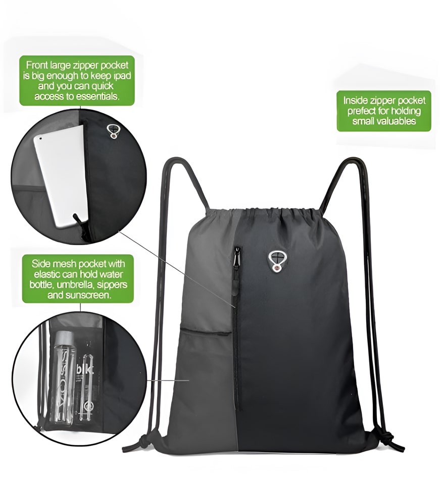 Drawstring Bag for Sports | Gym and String Backpack | 16" x 20" Inch (Black)